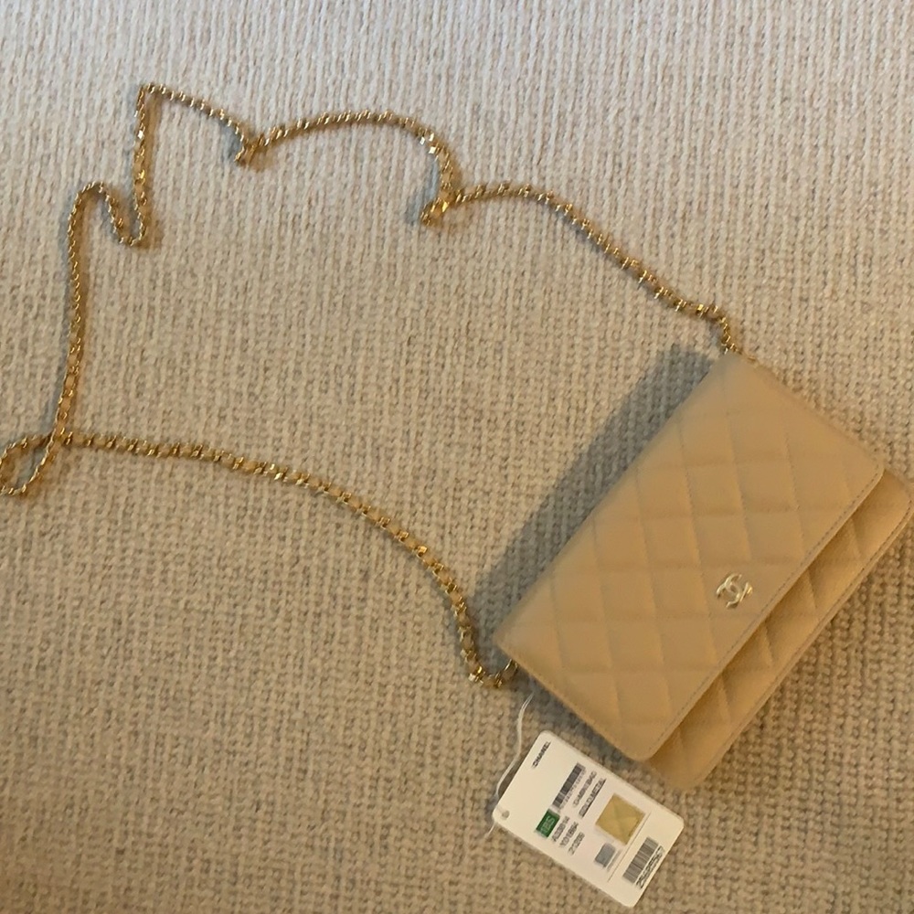CHANEL Beige Quilted Leather Wallet-On-Chain with Gold Hardware